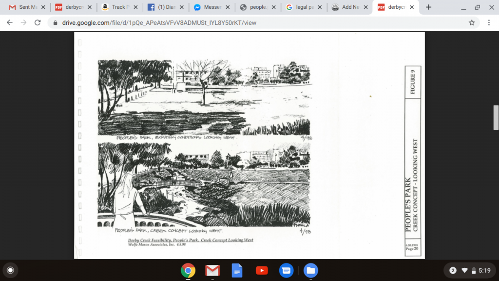Black and white image in pen and ink shows two views of the South side of People's Park. One as it was and one with Derby Creek restored.